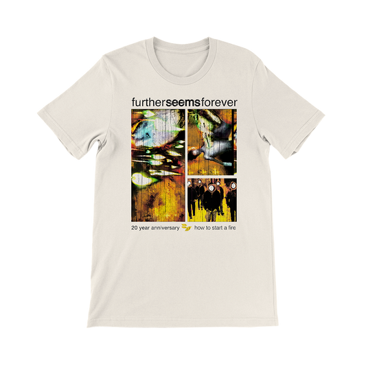 Official Further Seems Forever Merchandise. 100% cotton unisex t-shirt with a retail fit featuring 20th anniversary how to start a fire album cover design.