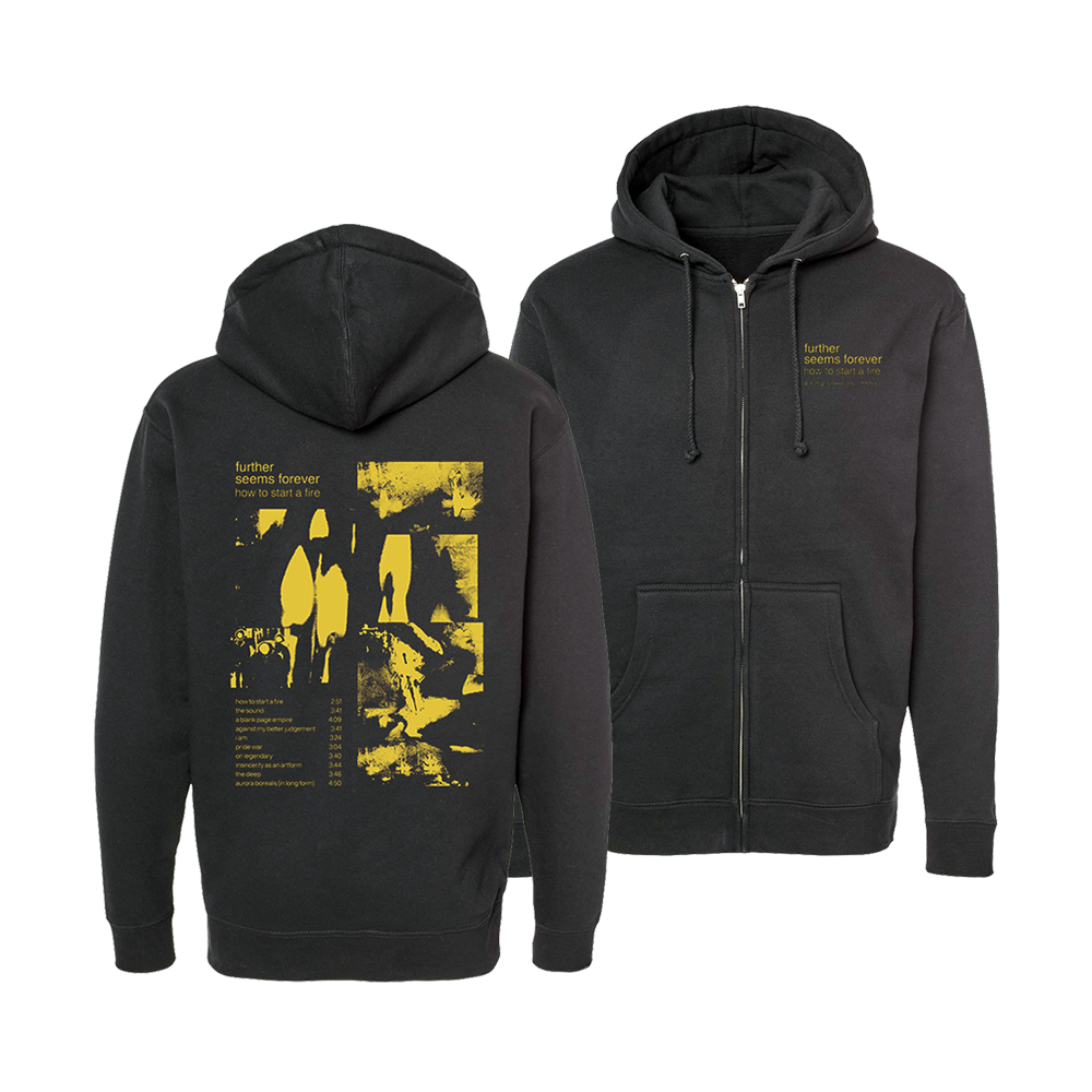 Official Further Seems Forever - 70% Cotton / 30% Polyester blend heavyweight hoodie featuring the tracklist design. 