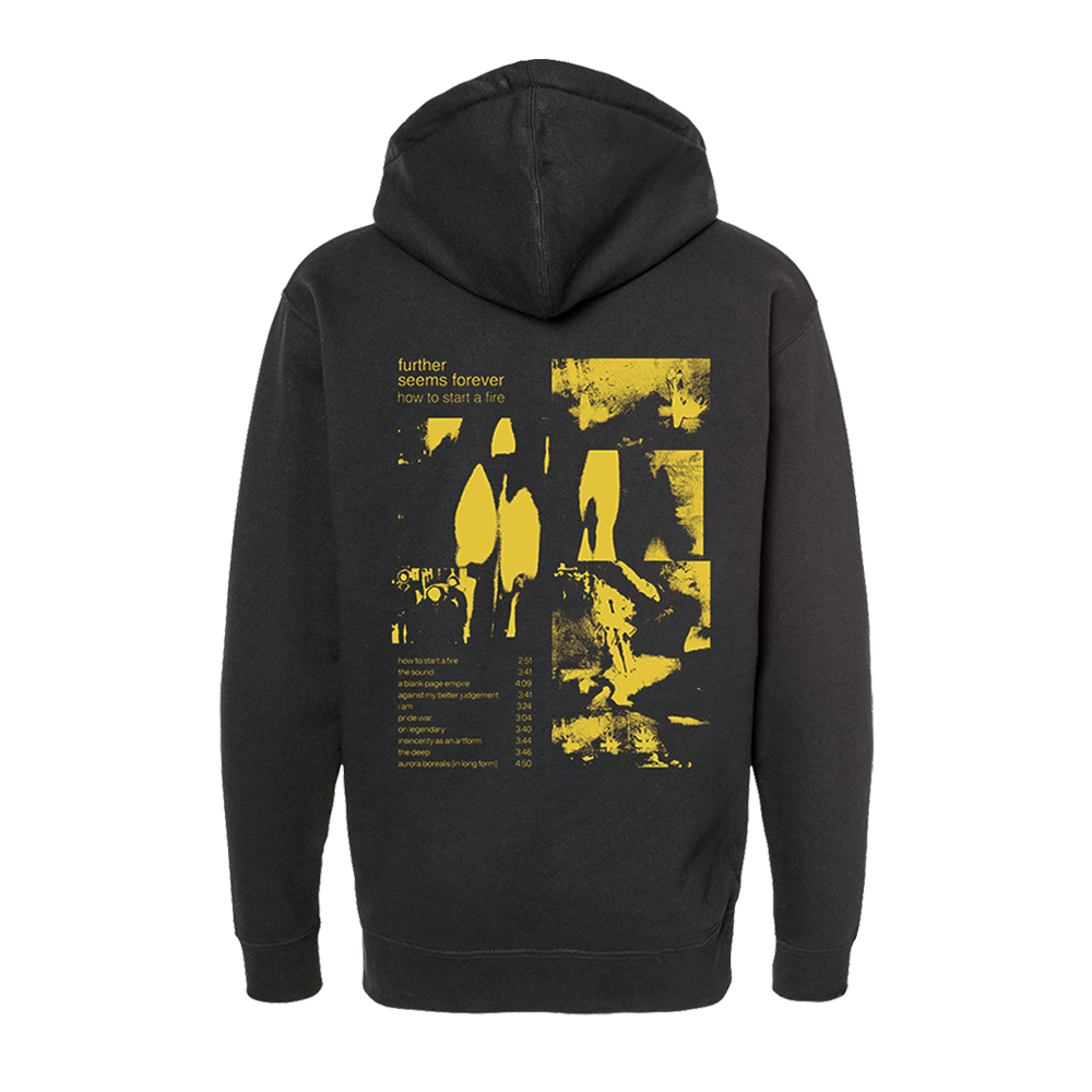 Official Further Seems Forever - 70% Cotton / 30% Polyester blend heavyweight hoodie featuring the tracklist design. 